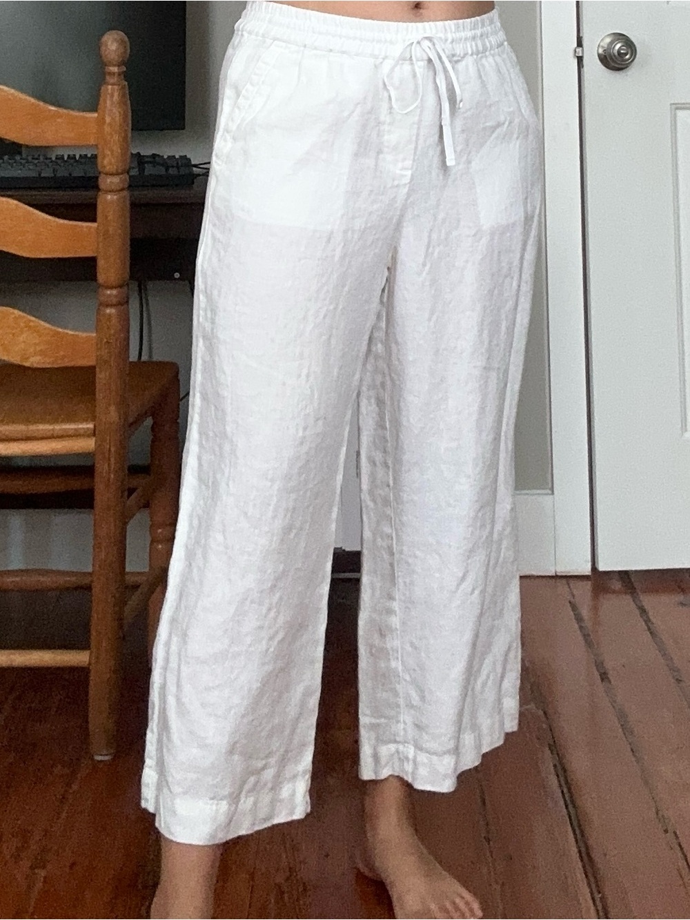 Talbots White Linen Cropped Drawstring Wide-Leg Pants